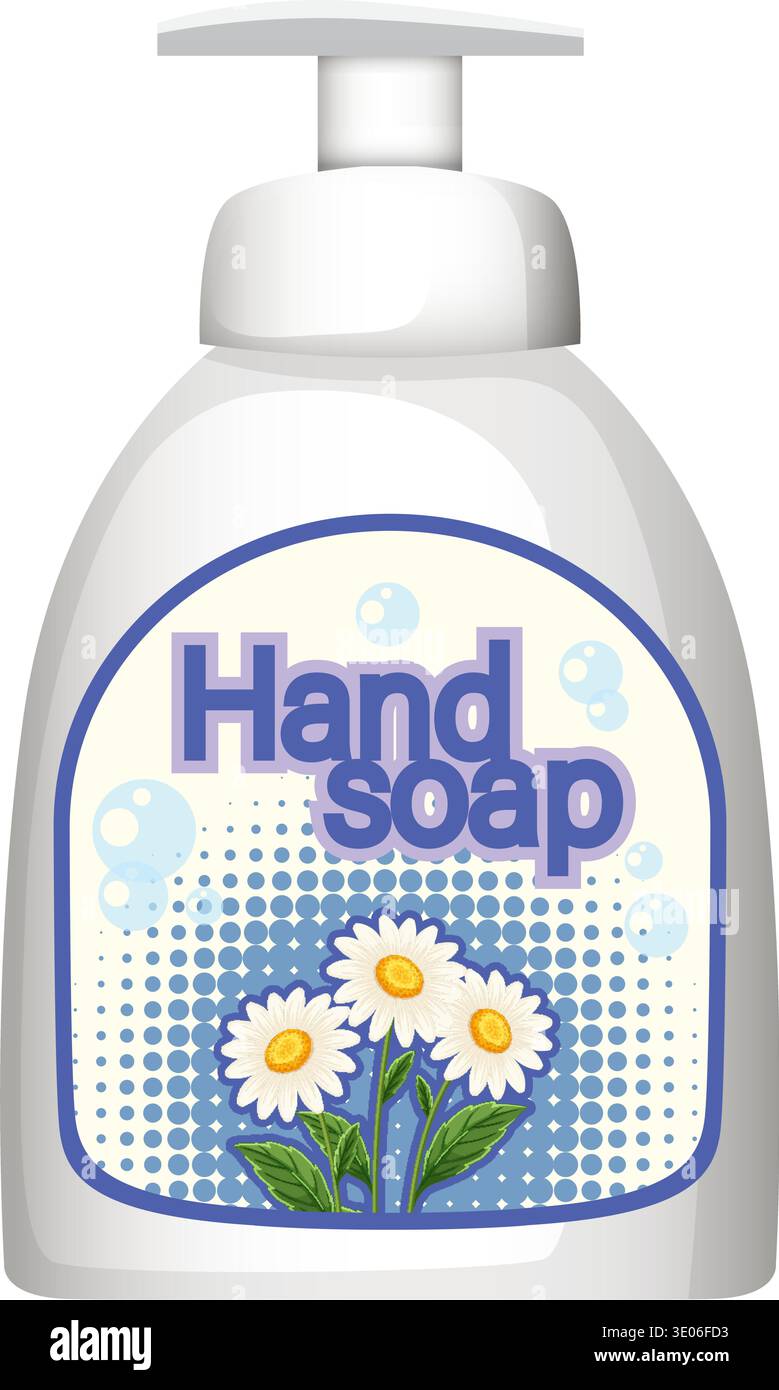 Bottiglia di sapone per mani Vector con tiralatte, fiori a margherita, bolle blu, stile moderno e pulito Illustrazione Vettoriale