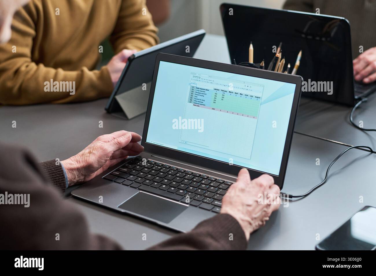 Donna anziana che utilizza il computer portatile durante il corso di alfabetizzazione informatica, digitazione manuale sulla tastiera mentre segue il tutorial del foglio di calcolo, altri partecipanti che lavorano su tablet in background Foto Stock