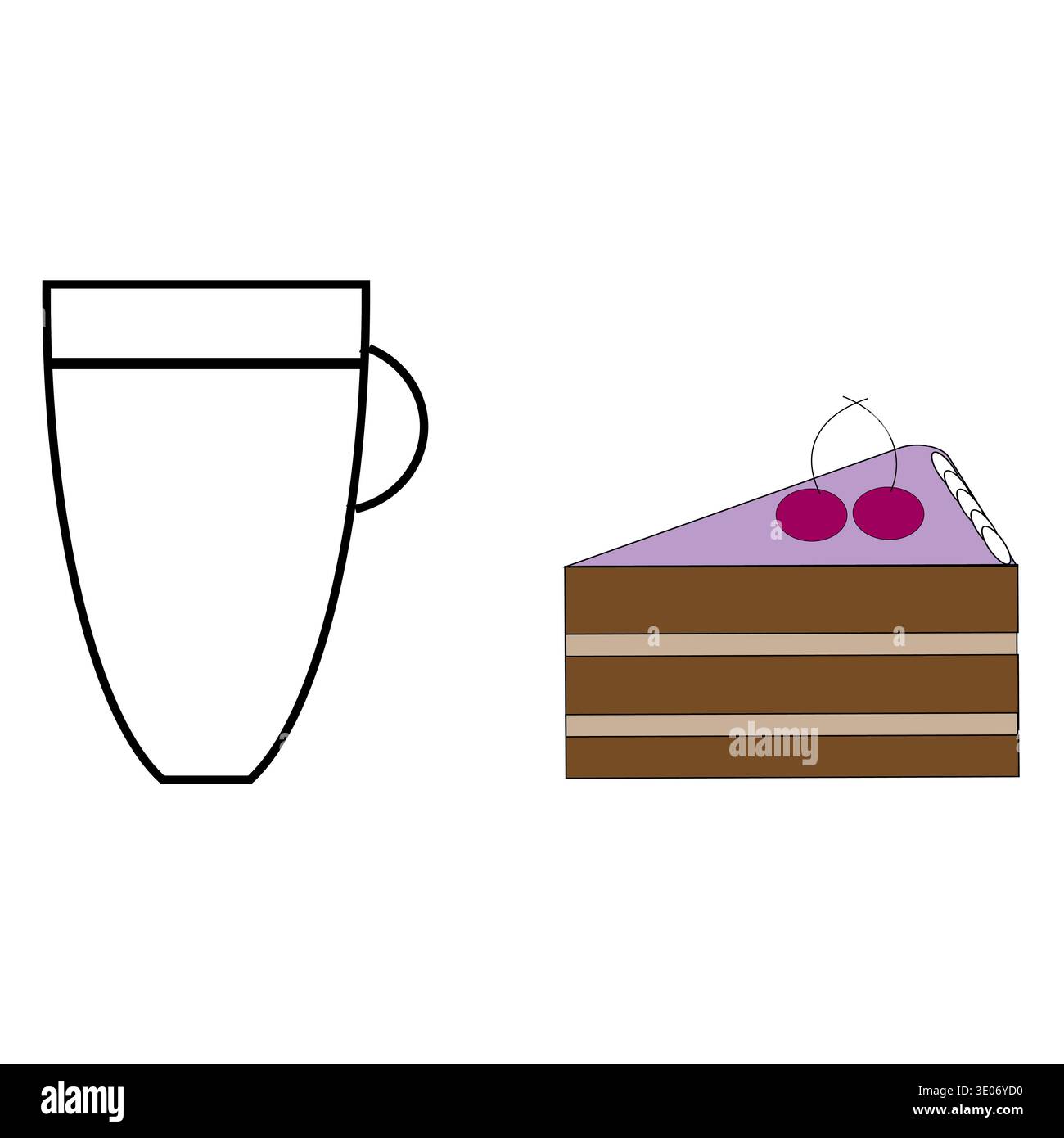 Oggetto tazza di caffè. Torta a fette Vector. Icona bevande e cibo. Dolce dettaglio ciliegia. Illustrazione Vettoriale
