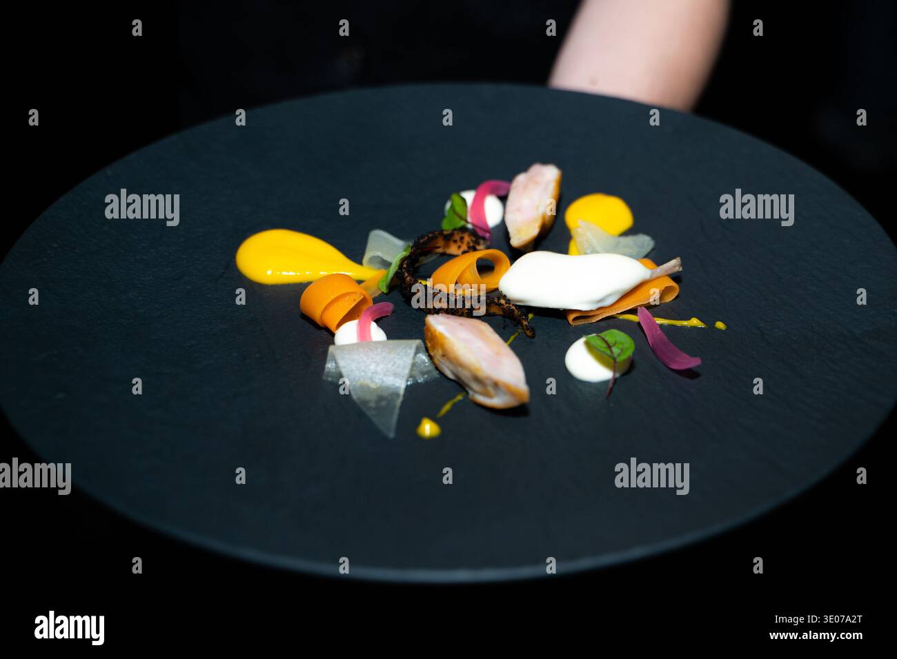 Al festival Yerevan Gastronomic Days, un piatto gourmet decorato con arte mette in mostra creatività culinaria, cucina raffinata e gastronomia contemporanea. Foto Stock