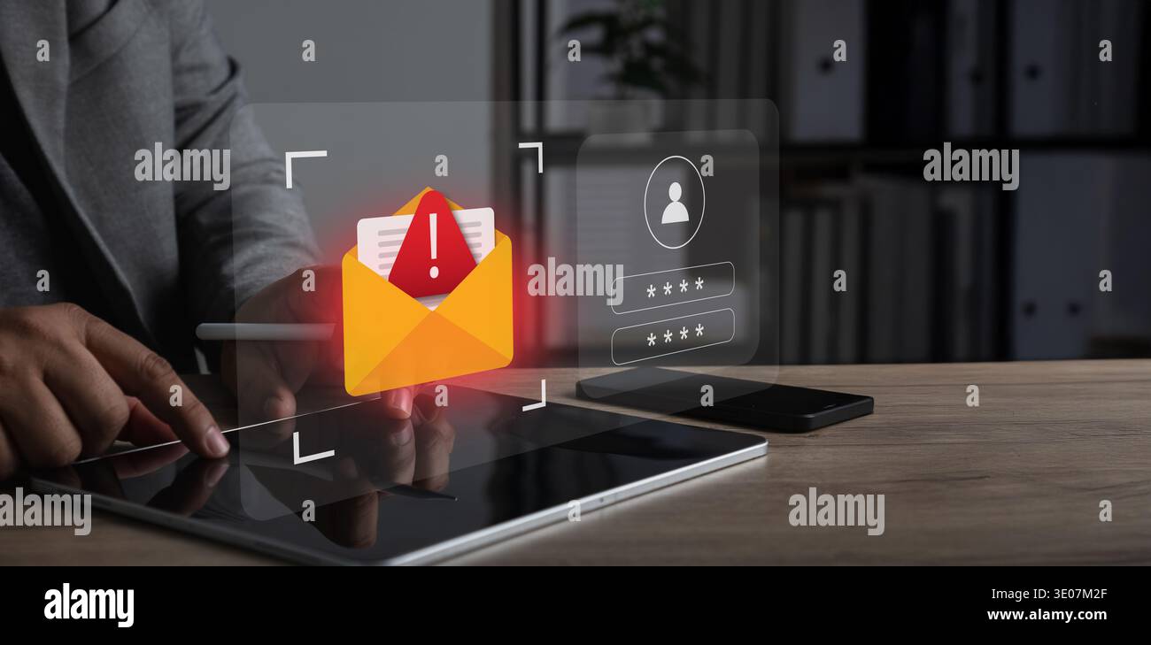 Protezione da phishing e autenticazione tramite e-mail cyber crime con l'icona di una busta di sicurezza informatica e l'interfaccia di accesso tramite password che simboleggiano cy Foto Stock