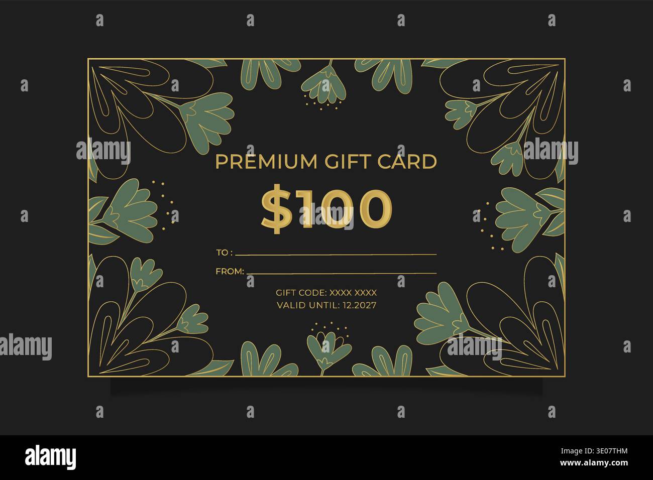 Modello di carta regalo premium con cornice floreale dorata su sfondo scuro. Illustrazione Vettoriale