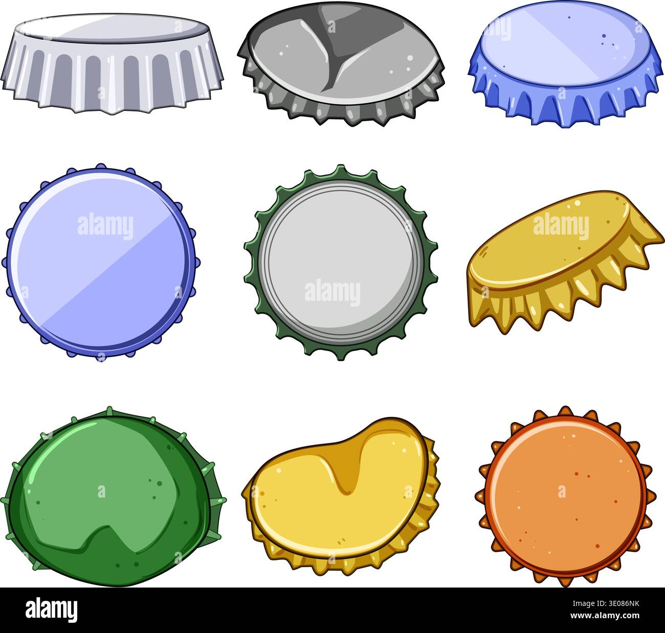 Raccolta di tappi per flaconi con diversi colori e condizioni Illustrazione Vettoriale