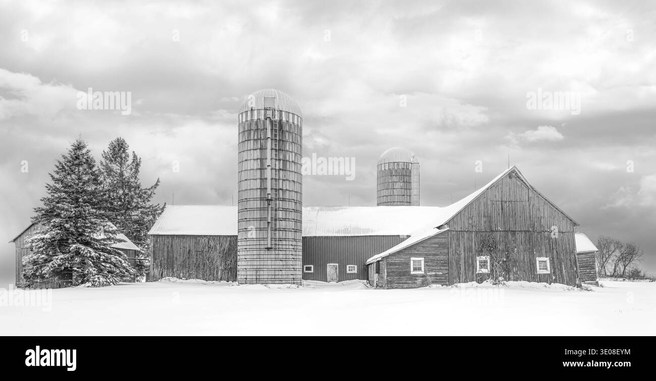 Vecchio fienile in inverno in bianco e nero vicino a Ottawa, Canada Foto Stock