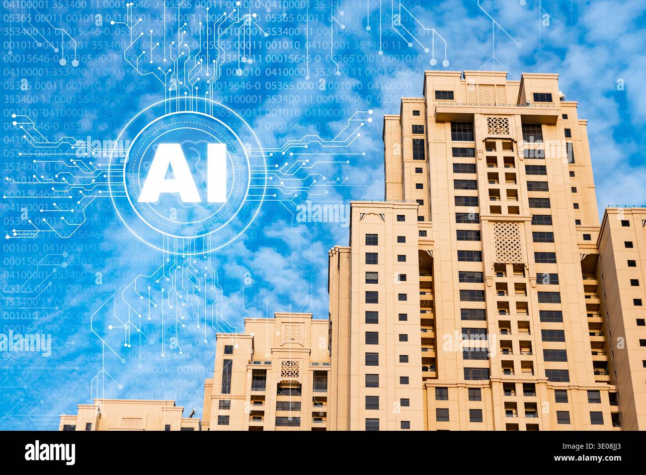 Skyline della città con edifici e grafica dell'intelligenza artificiale nel cielo durante il giorno Foto Stock