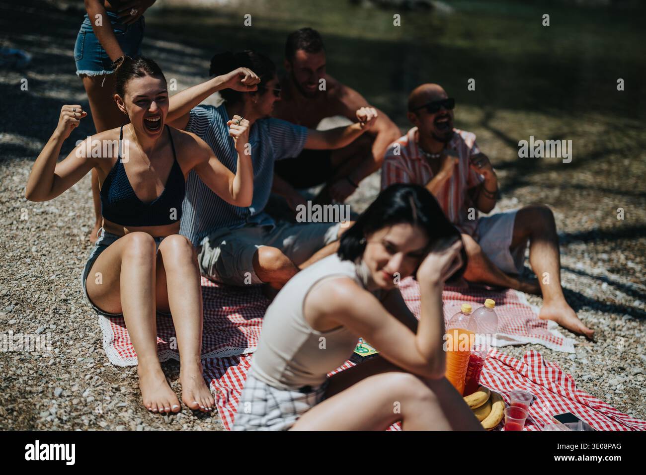 Amici che si godono un picnic soleggiato sul fiume, che tifa e ride su una riva rocciosa del lago Foto Stock