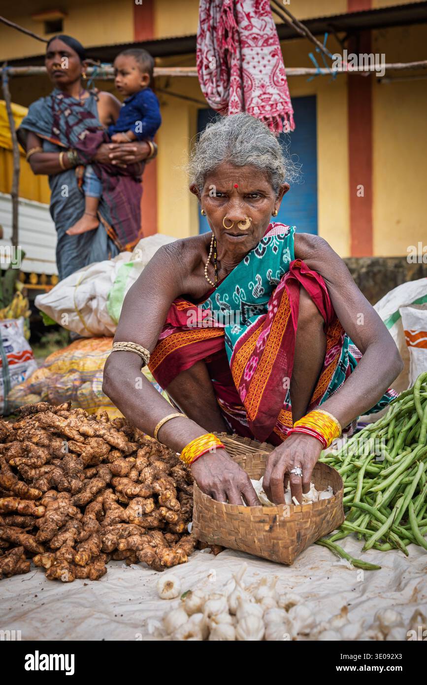 Donna anziana che vende verdure in un mercato agricolo, Orissa, India Foto Stock