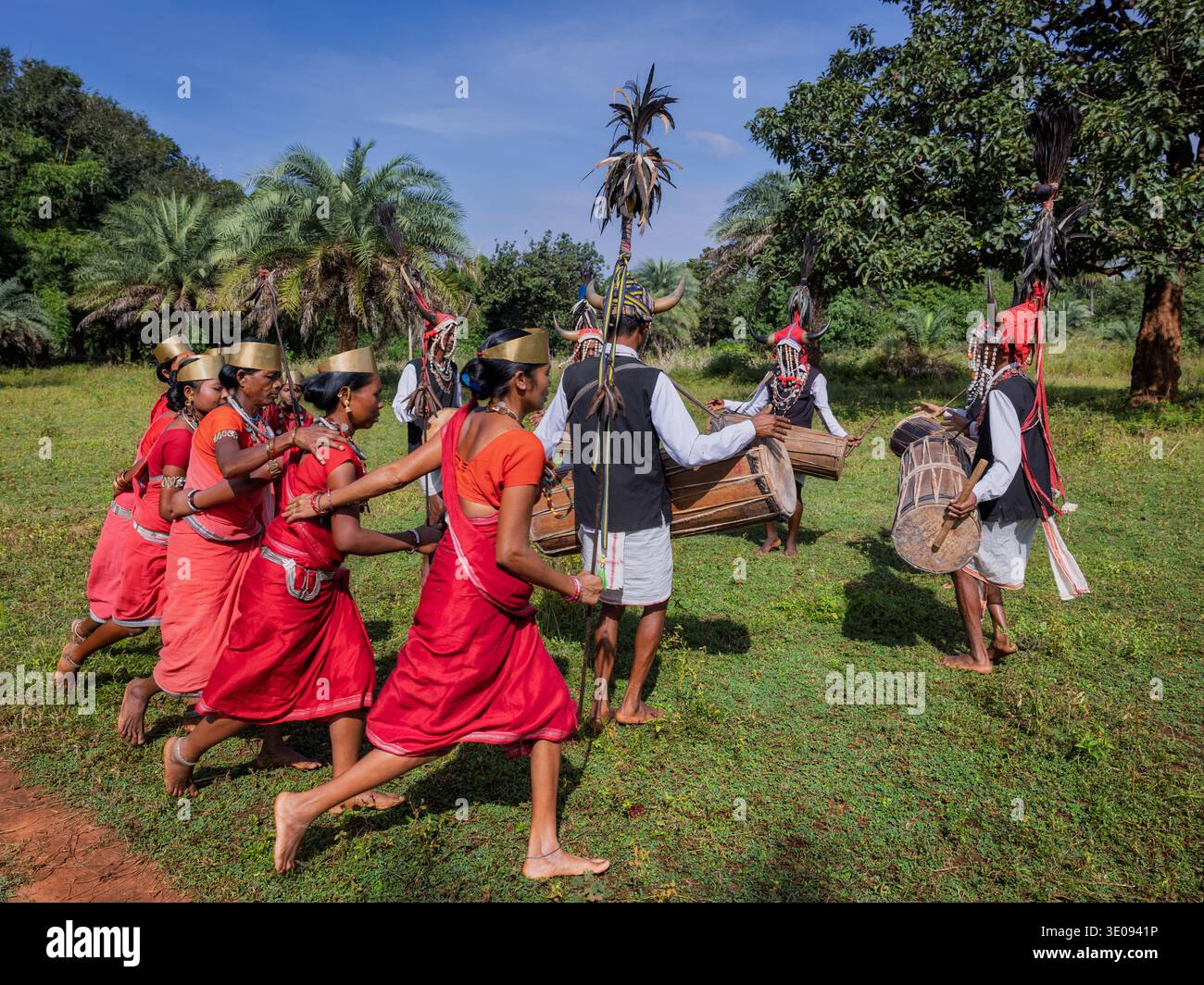 Ballerini di corno bisonte che eseguono danza tradizionale, Chhattisgarh, India Foto Stock