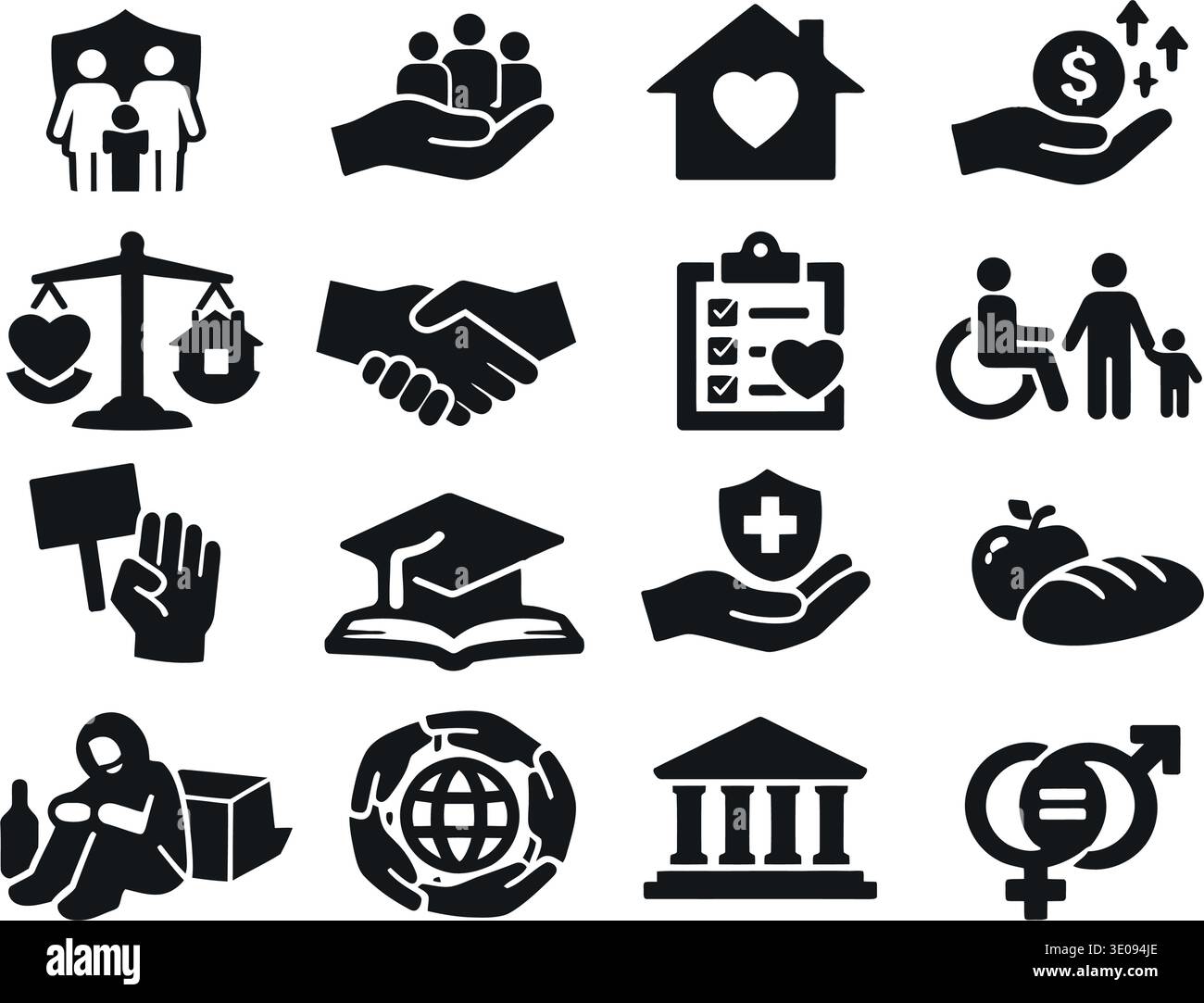 icona politica sociale imposta un'illustrazione in stile piatto. contenere la difesa dei diritti, la riduzione della povertà, lo standard di accessibilità, i sussidi per l'assistenza all'infanzia, i soccorsi in caso di catastrofi Illustrazione Vettoriale