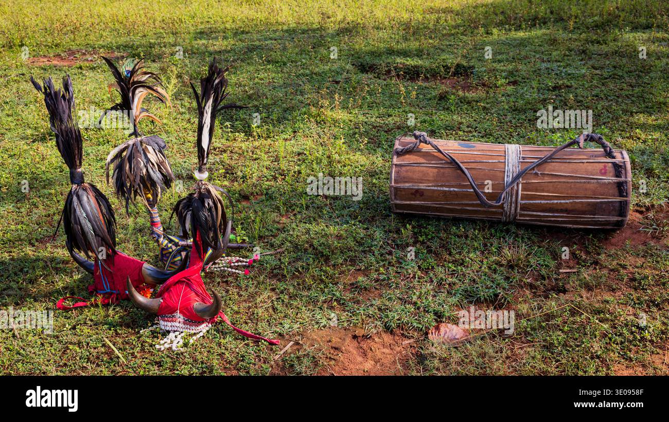 Copricapi della tribù Bison-Horn Maria e un tamburo tradizionale a terra, Chhattisgarh, India Foto Stock