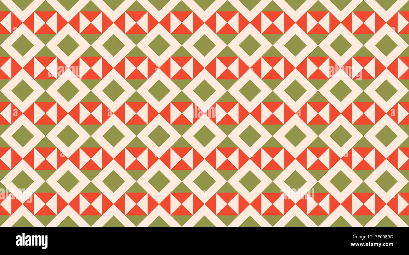 Motivo geometrico senza cuciture con triangoli e diamanti rossi e verdi in una griglia ritmica simile a un mosaico. Questo design vettoriale piastrellabile per le feste è conforme a Illustrazione Vettoriale