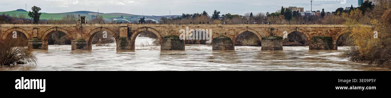 Il fiume Guadalquivir scorre significativamente più alto del normale, passando per il ponte romano di Cordova, Andalusia, Spagna, dopo le forti piogge nel febbraio 2026. Foto Stock