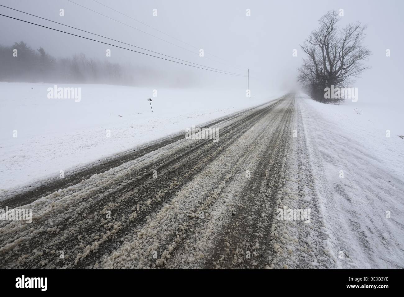 Foggy, strada innevata a East Montpelier, Vermont, Stati Uniti. Foto Stock
