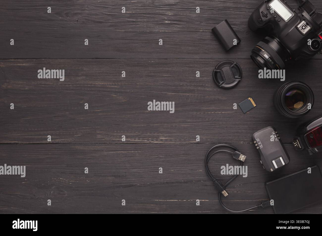 Attrezzature personali diverse per il fotografo Foto Stock