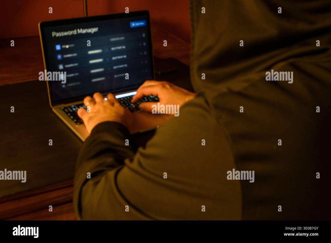 Persona incappucciata che utilizza un notebook con gestione delle password sullo schermo, immagine concettuale della gestione delle credenziali, accesso sicuro, protezione delle password e ciberse Foto Stock