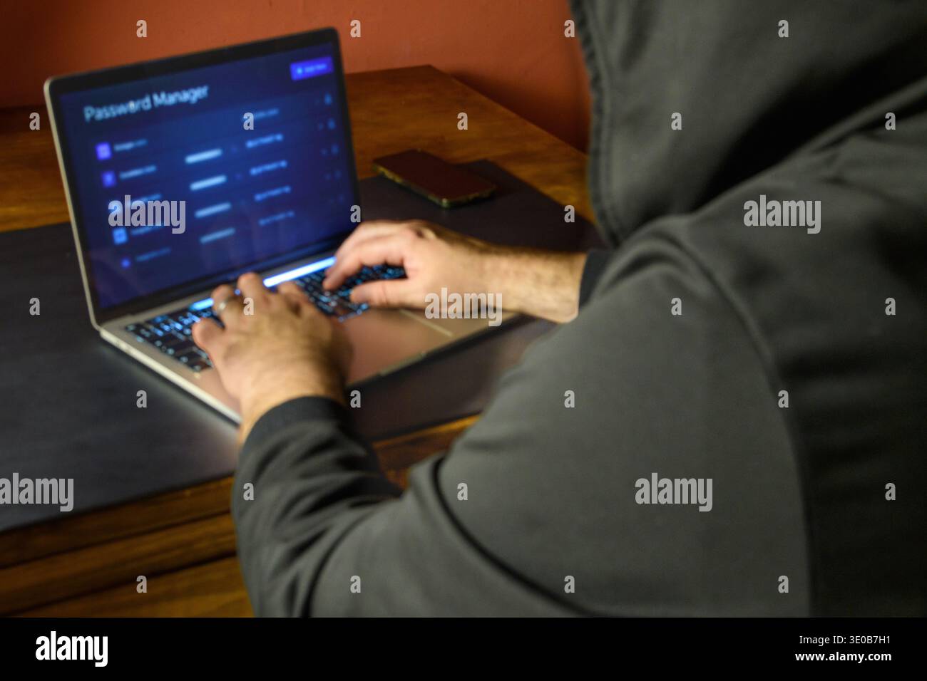 Schermata di gestione delle password su un notebook con un utente incappucciato che digita, immagine concettuale della sicurezza delle credenziali, memorizzazione delle password, protezione dell'account e cyber Foto Stock