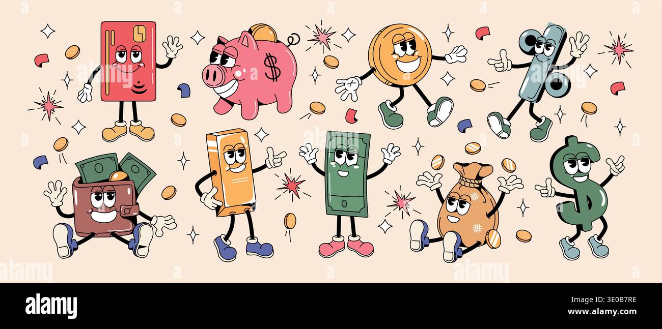 Cartoni animati retro groove y2k Money Character. Set di adesivi con maialino divertente, portafoglio, portamonete, bancone da un dollaro, barra dorata, carta di credito e segno di percentuale con faccia funky. Alfabetizzazione finanziaria, investimenti aziendali Illustrazione Vettoriale