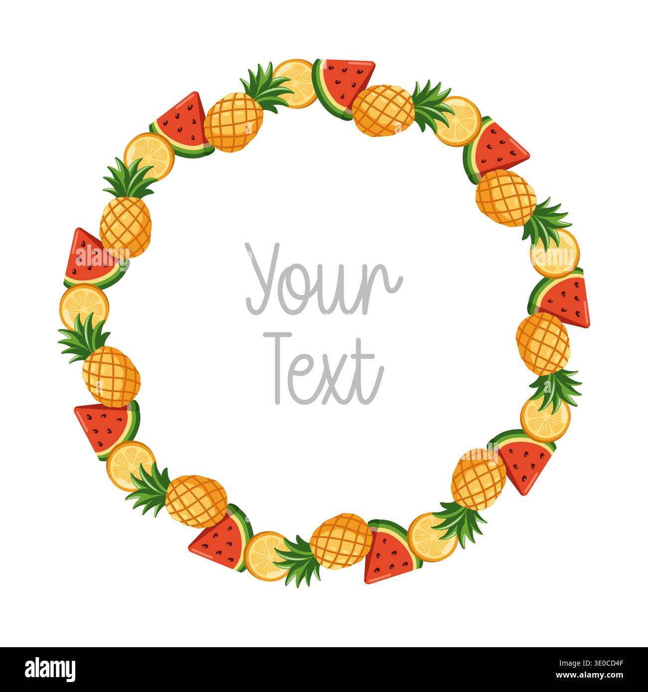Frutta tropicale estiva con cornice rotonda con ananas, anguria e limone. Illustrazione vettoriale isolata su sfondo bianco Illustrazione Vettoriale