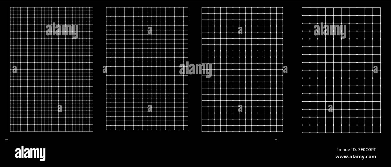 Set di griglie angolari arrotondate su sfondo nero Blueprint quattro livelli di dettaglio. Pagine di pianificazione a reticolo quadrato a giunto uniforme, schede di progettazione notebook creativi. Layout dei materiali scolastici geometrici delicati Illustrazione Vettoriale