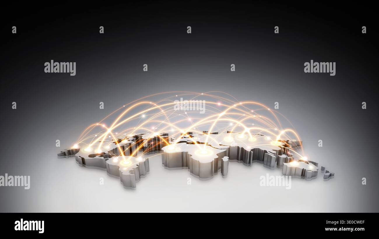 Una mappa del mondo e una rete di informazione e comunicazione complessa, un concetto di futura rete industriale globale. Foto Stock