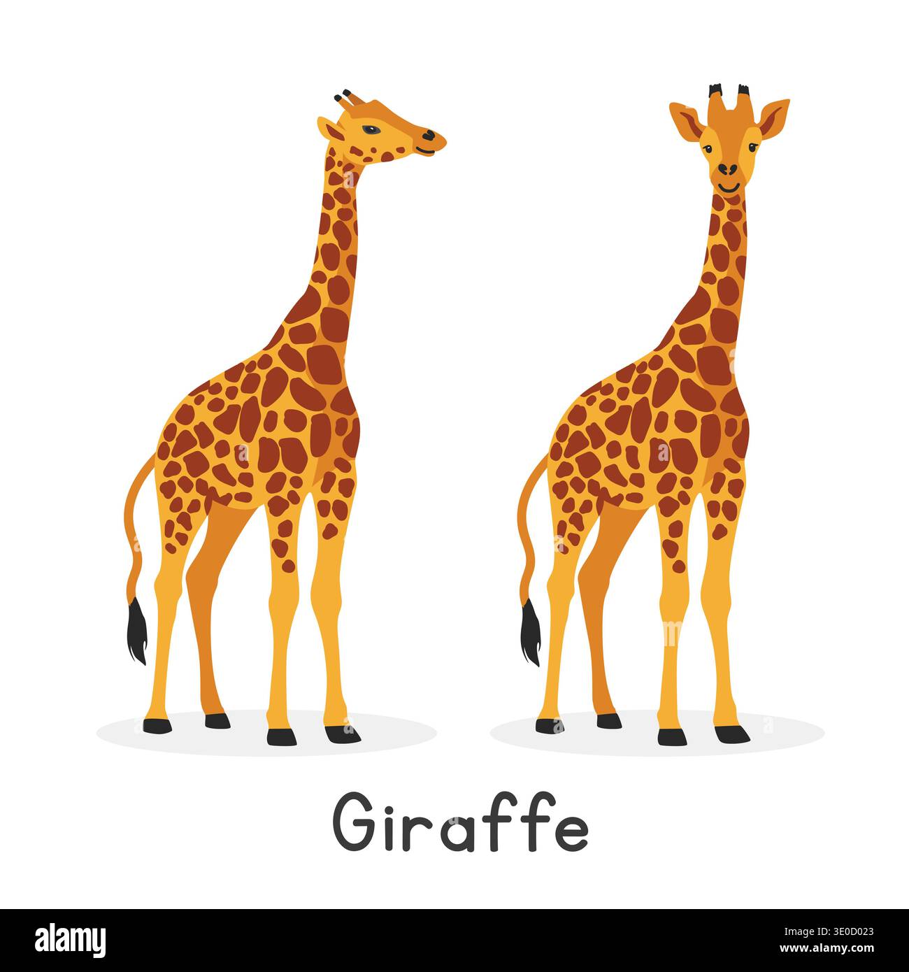 Illustrazione vettoriale giraffa, personaggio clipart cartone animato, animale in stile piatto. Animali selvatici, creature selvatiche e animali selvatici. Progettazione vettoriale giraffa Illustrazione Vettoriale