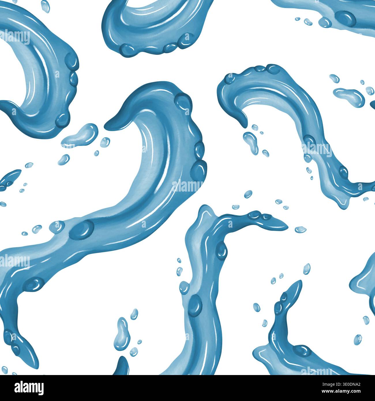 Pattern fluido di spruzzi d'acqua blu dinamici con gocce, catturando movimenti fluidi e forme organiche. Foto Stock