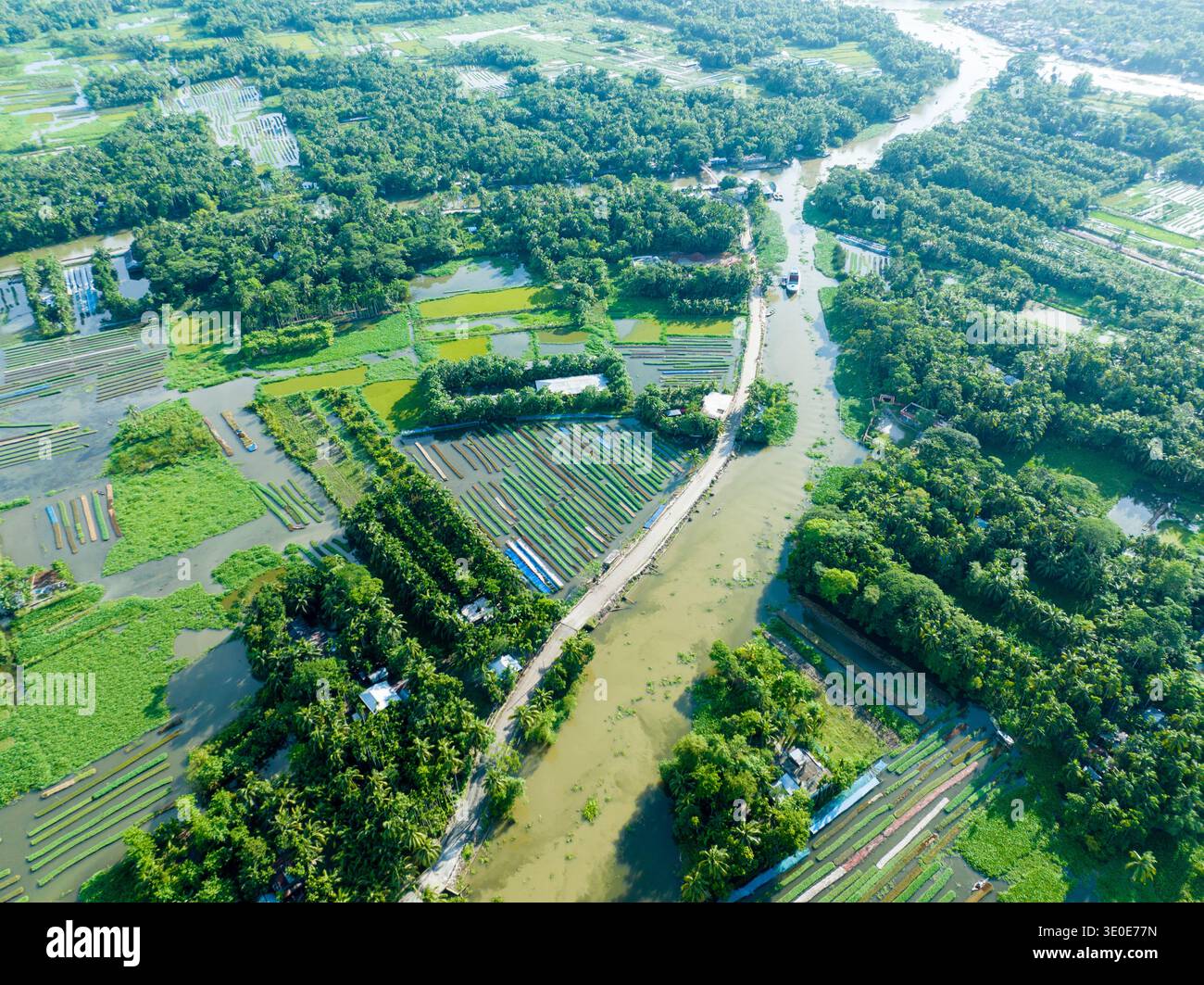 Veduta aerea del lussureggiante paesaggio dove il tortuoso fiume attraversa fitte foreste verdi e campi coltivati, Barisal, Barisal Division, Bangladesh Foto Stock