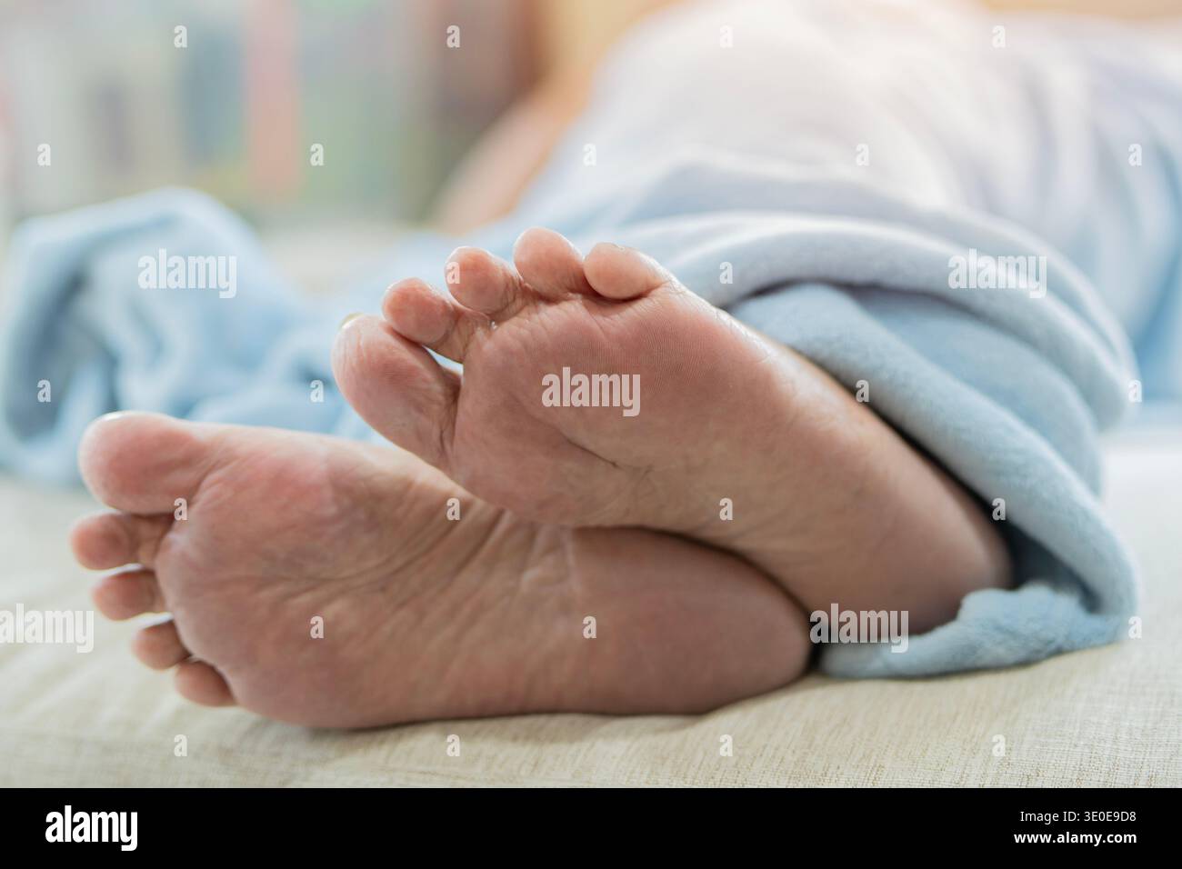 Primo piano di una donna anziana dorme a letto e coperta da una coperta blu. Concetto di assistenza ai piedi per anziani. Foto Stock
