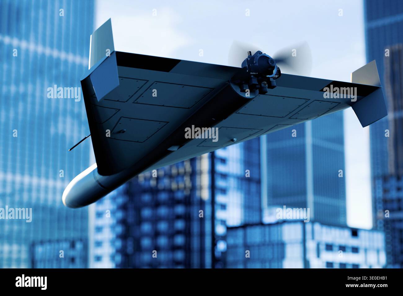 l'elegante drone con ala delta nero opaco si muove attraverso un denso skyline urbano. L'attenzione rivolta all'elica posteriore e al telaio aerodinamico mette in risalto il taglio Foto Stock