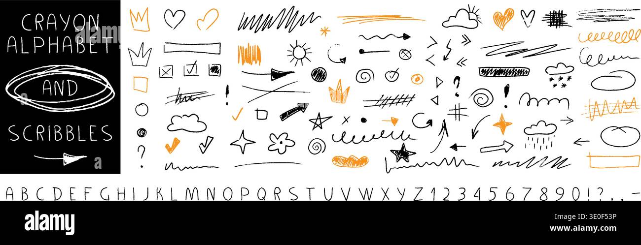 Linee tratteggiate, macchie e graffi in stile colorato. Ideale per effetti di luce, elementi splash e scarabocchi creativi ispirati ai bambini Illustrazione Vettoriale