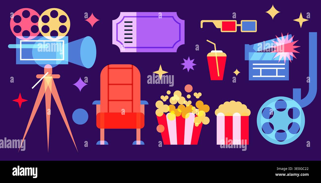 Set di icone geometriche piatte trasparenti vettoriali per cinema e cinema. Illustrazione video e pellicola. Elementi di design multimediali con colori neon su nero bac Illustrazione Vettoriale
