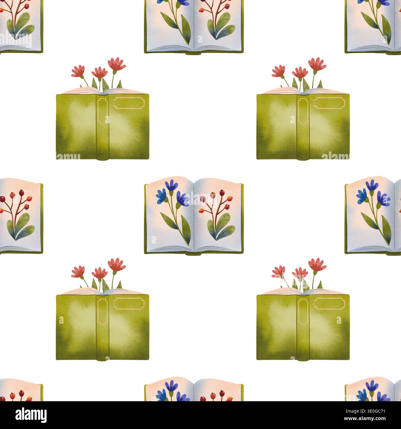 Motivo senza cuciture con libri aperti decorati con fiori, disegnati a mano in acquerello. Foto Stock