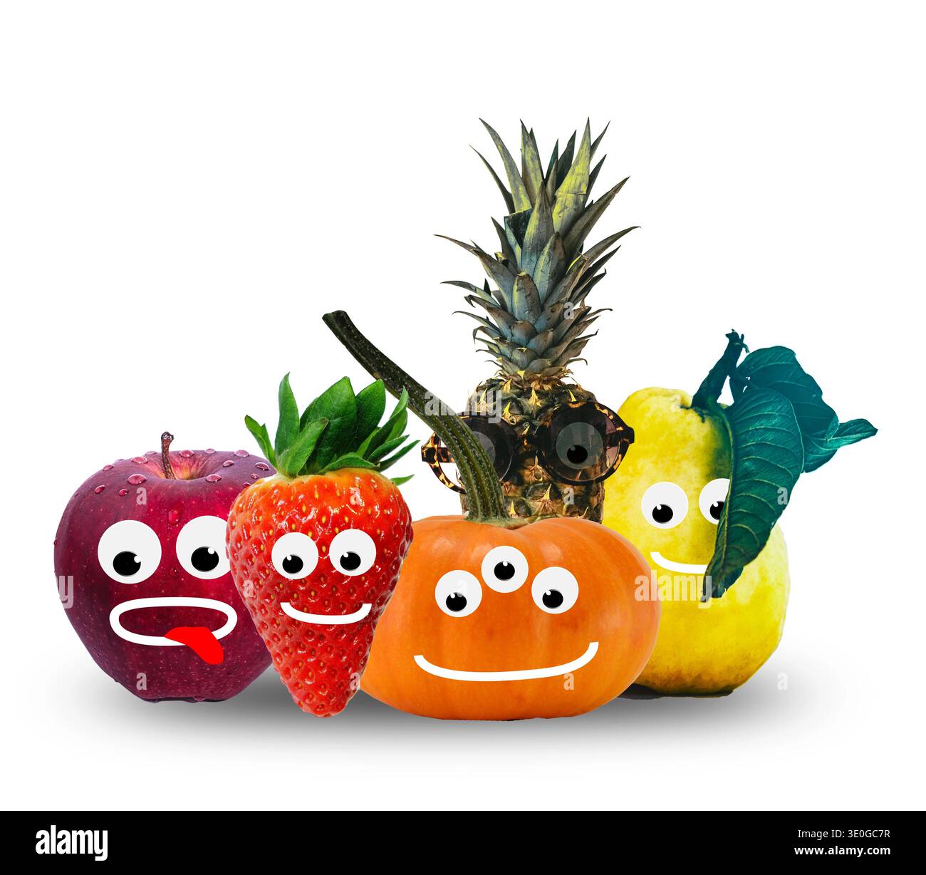 Simpatici personaggi di frutta sorridenti con Googly Eyes cute Mixed Fruits e Veg Faces Group Foto Stock