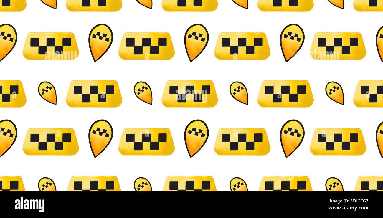Motivo senza cuciture con simboli taxi. Vivace illustrazione di oggetti di scena gialli, disegnati a mano in stile acquerello. Foto Stock