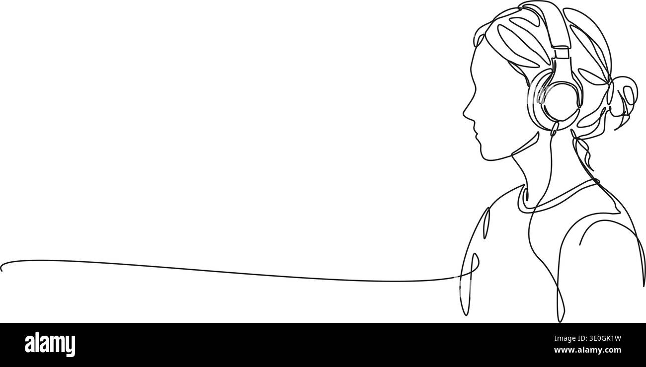 disegno in linea continua di donna che indossa cuffie sovrauricolari che ascoltano musica o podcast, illustrazioni vettoriali di line art Illustrazione Vettoriale