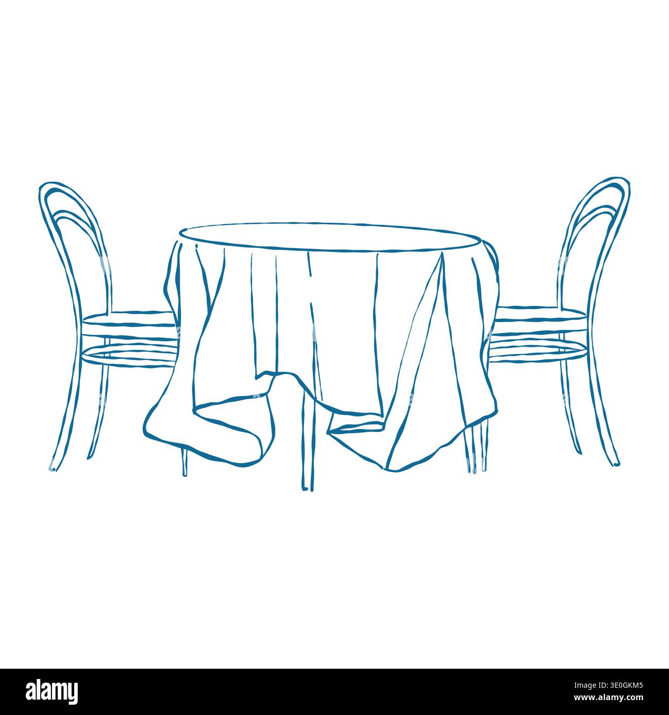 Un'illustrazione stravagante e disegnata a mano di un set da pranzo. Un classico tavolo rotondo vintage con tovaglia e due sedie. Cena romantica. Illustrazione del contorno vettoriale in blu Illustrazione Vettoriale
