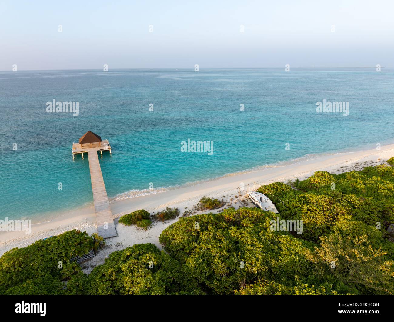 Vista aerea di un molo di legno che si estende nel mare turchese, in contrasto con la lussureggiante vegetazione verde dell'isola, Vashafaru, Haa Alif, Maledive Foto Stock