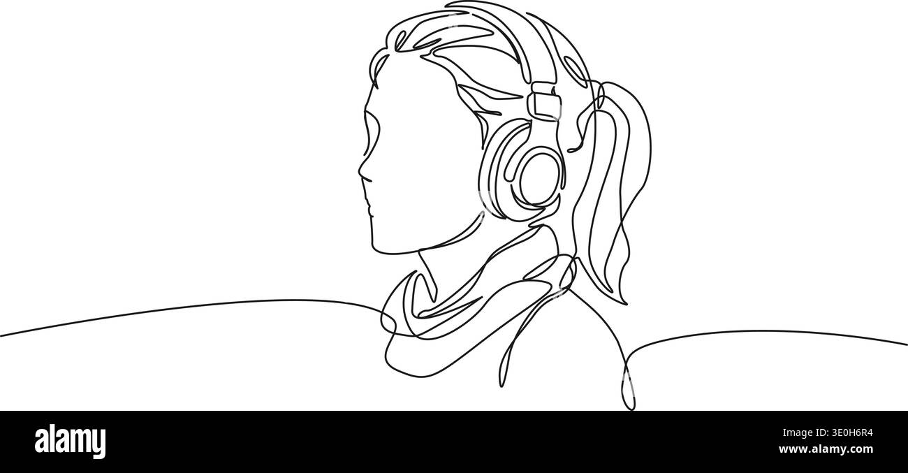 disegno in linea continua di donna che indossa cuffie sovrauricolari che ascoltano musica o podcast, illustrazioni vettoriali di line art Illustrazione Vettoriale