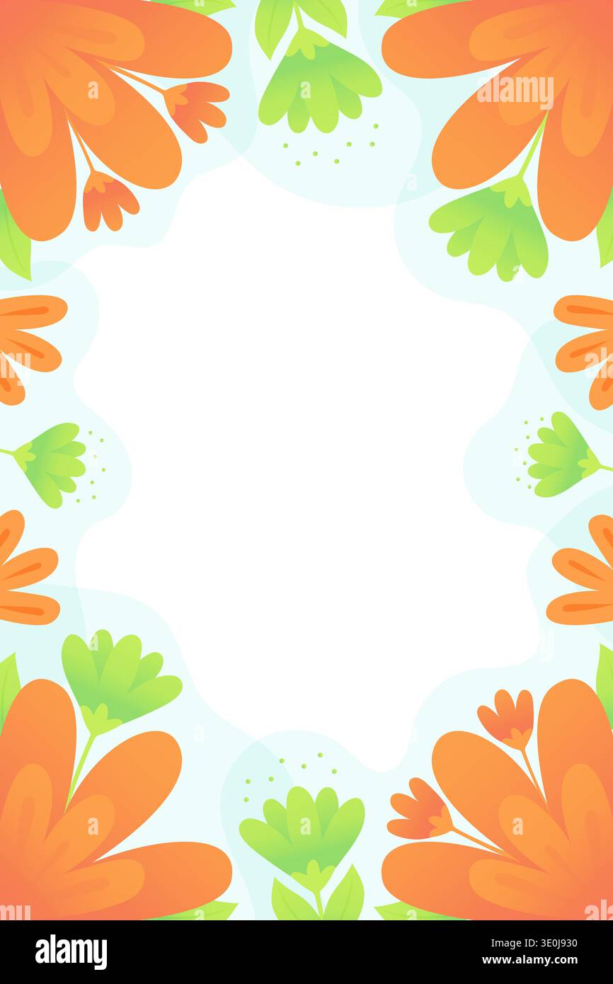 Cornice floreale arancione verticale con illustrazione vettoriale dei fiori verdi. Illustrazione Vettoriale