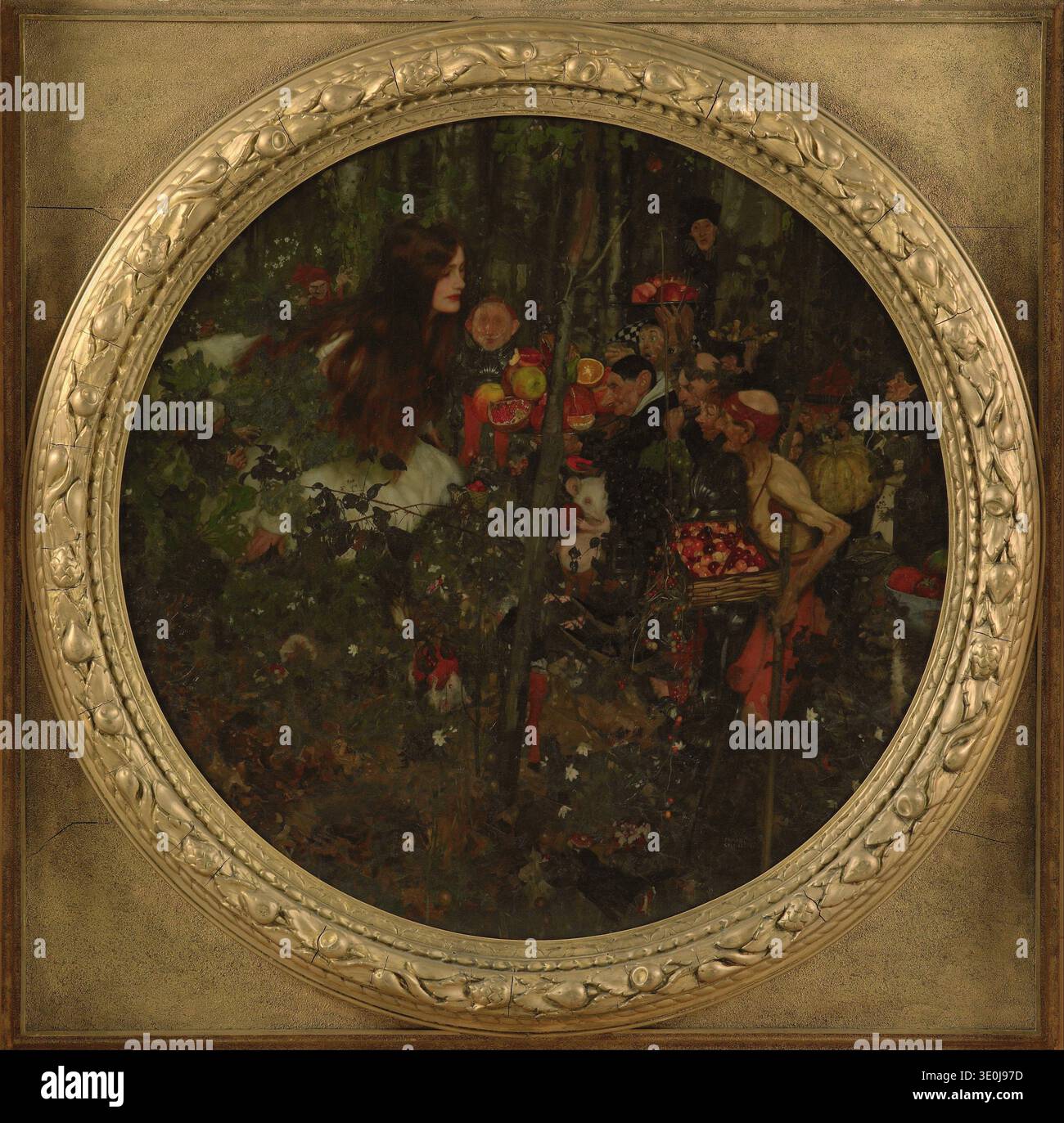 Il dipinto di Frank O. Salisbury "The Goblin Market", intorno al 1900, raffigura una scena del poema di Christina Rossetti in cui i goblin attirano una giovane donna con i loro frutti lussureggianti. I colori ricchi e gli elementi fantastici catturano la natura enigmatica e seducente dell'incontro mitologico all'interno di una foresta profonda. Foto Stock