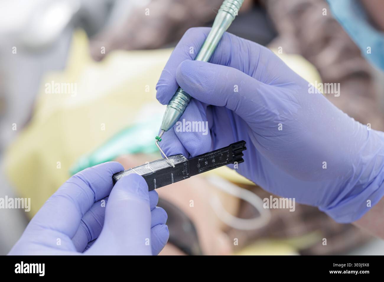 Primo piano di mani dentiste che misurano la lima endodontica rotante con blocco righello in clinica. Concetto di preparazione del canale radicale, odontoiatria di precisione e moder Foto Stock