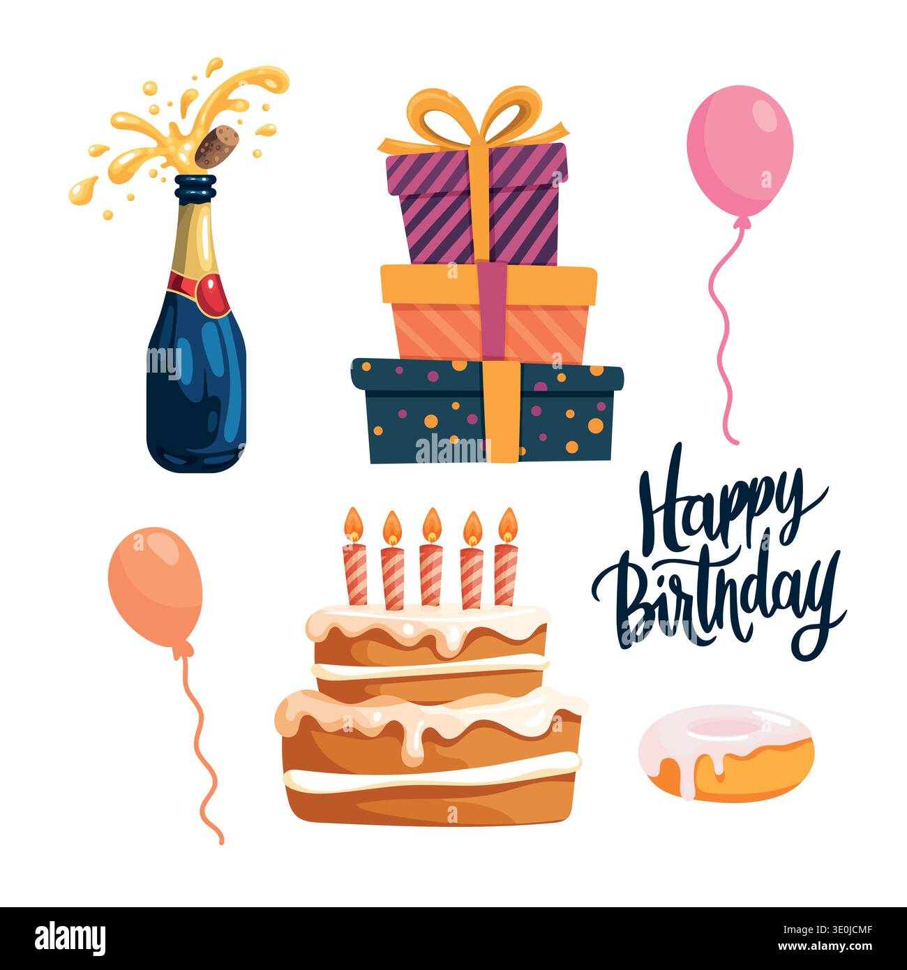 Festa di compleanno con torta, palloncini, regali e champagne. Illustrazione piatta vettoriale delle feste con elementi da festa e buon compleanno Illustrazione Vettoriale