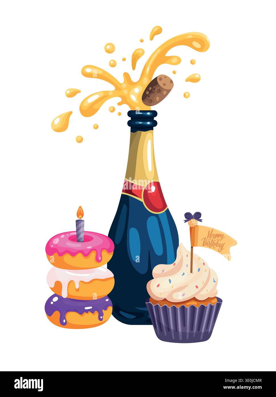 Festa di compleanno con bottiglia di champagne in sughero, ciambelle colorate con glassa e cupcake con candela e bandiera. Illustrazione Vettoriale