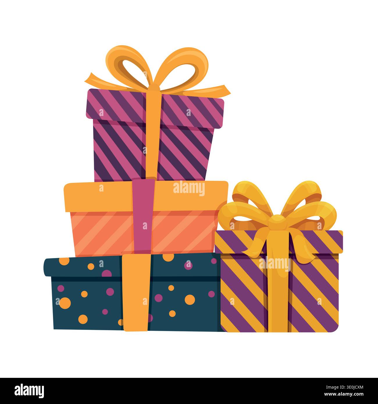 Colorata pila di confezioni regalo natalizie con nastri luminosi e archi isolati su sfondo bianco. Immagine vettoriale piatta di oggetti confezionati Illustrazione Vettoriale