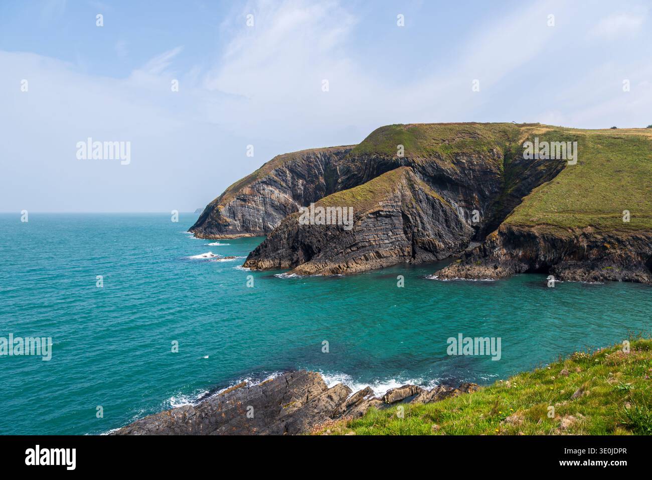 Guardando attraverso la baia di Ceibwr la spettacolare geologia che ha formato le scogliere marine in questa parte del Pembrokeshire settentrionale. l'area fa parte di th Foto Stock