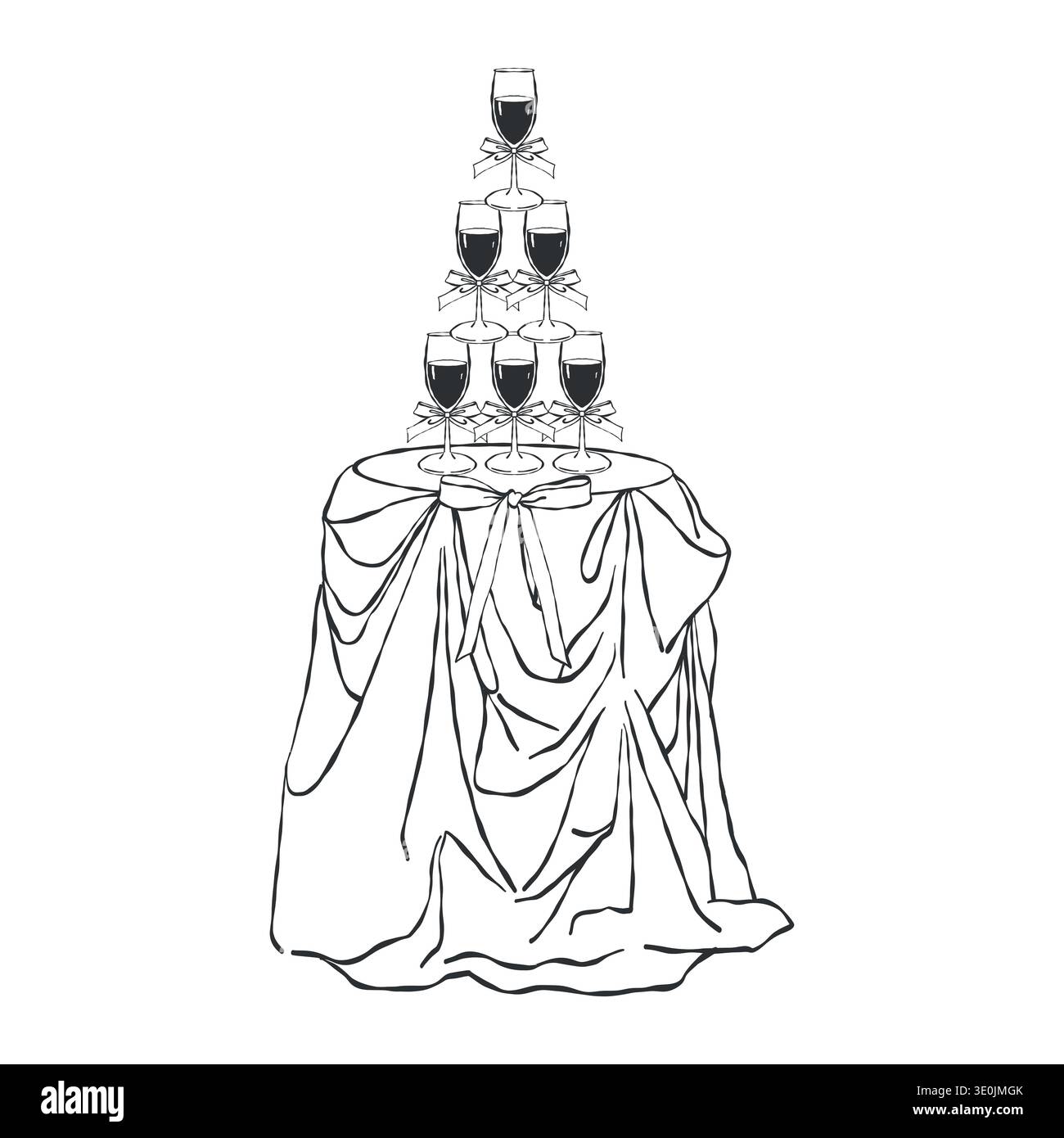 Un tavolo rotondo con tovaglia e una torre di champagne decorata con archi. Illustrazione di nozze vintage. Disegno vettoriale su sfondo bianco con elementi neri. Illustrazione Vettoriale