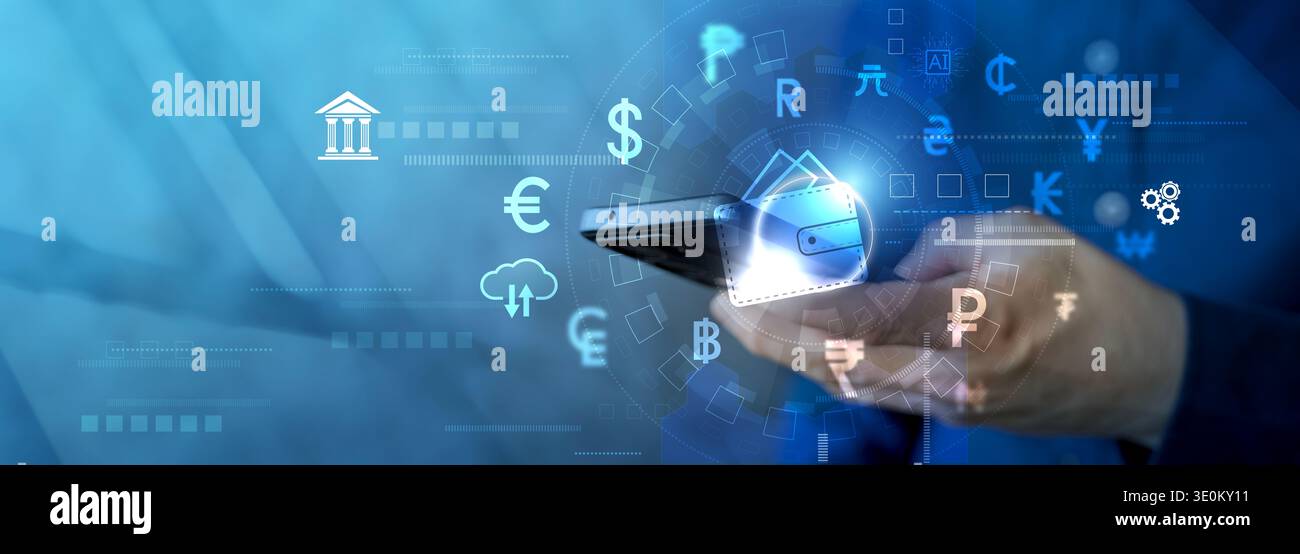Primo piano di uno smartphone con portafoglio digitale, simboli valutari globali, icone bancarie e cloud, che rappresentano fintech, pagamenti mobili, finanza online, Foto Stock