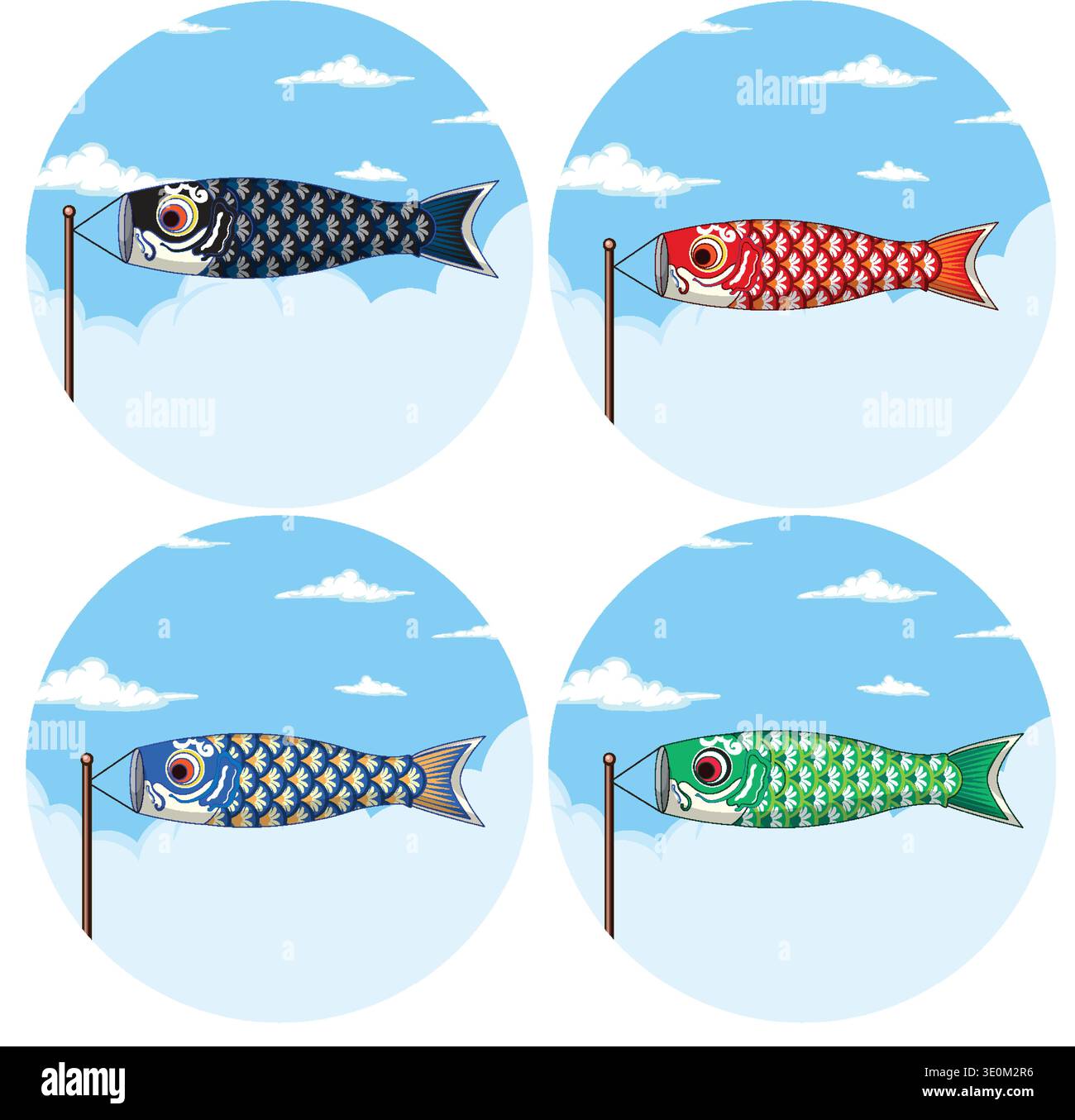 Quattro vivaci rastrelli koinobori su pali, composizione circolare, stile vettoriale piatto, colori brillanti Illustrazione Vettoriale