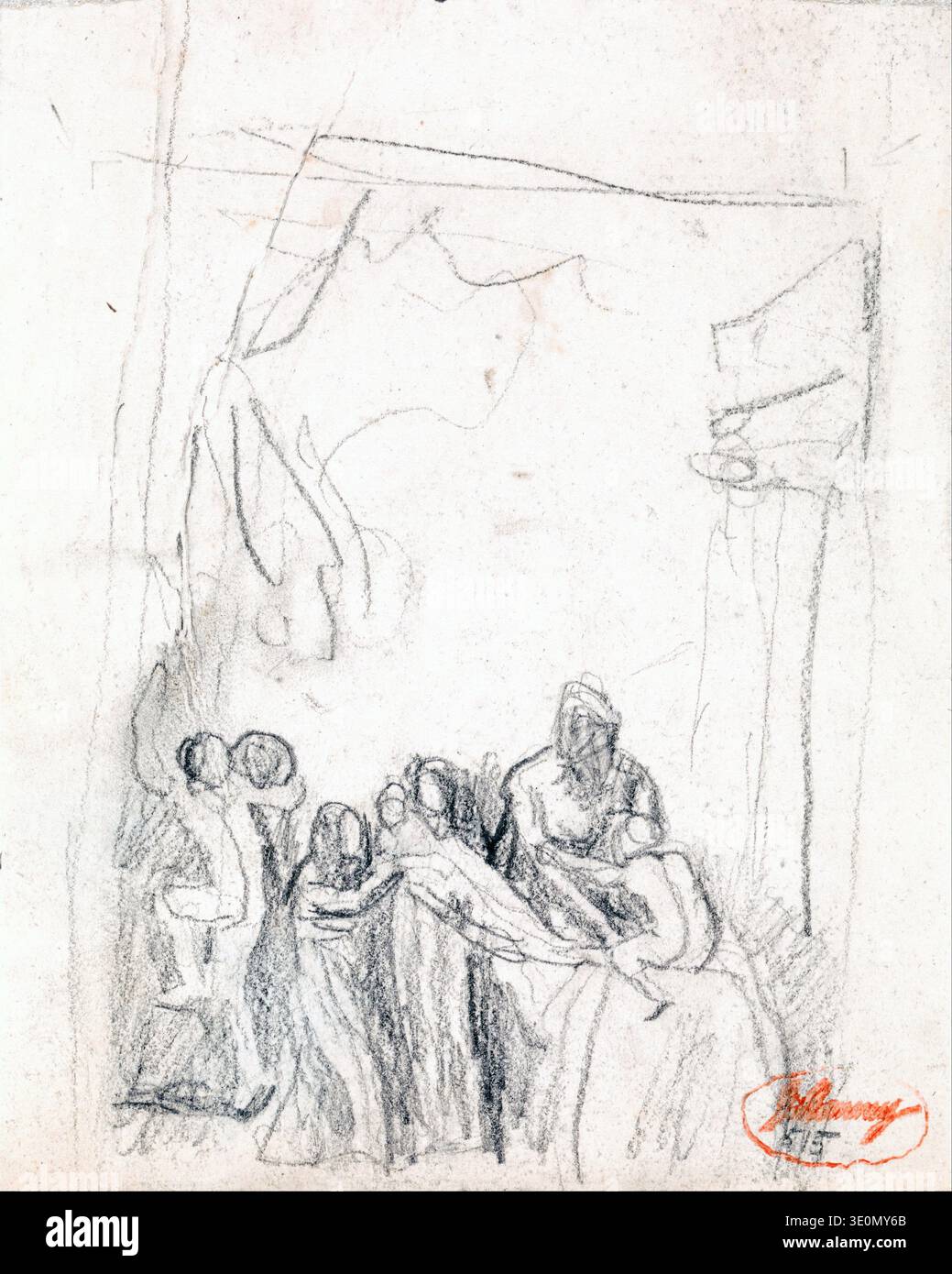 Questo disegno in grafite degli anni '1780 di George Romney, intitolato "Mother and Children", cattura una tenera scena domestica con linee fluide e un senso di movimento. Lo schizzo ritrae una donna circondata da diversi bambini, uno dei quali culla o regge, riflettendo lo stile intimo prevalente nel suo lavoro preparatorio. Foto Stock