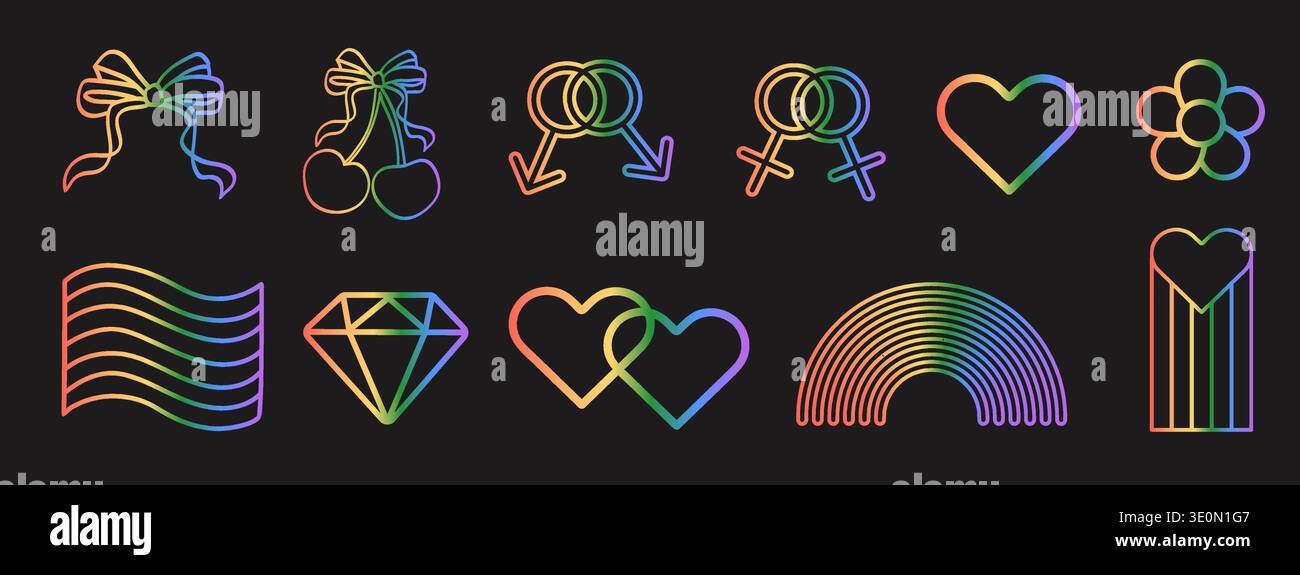 Stravaganti icone al neon arcobaleno con cuori, archi e simboli di genere disegnati a mano. Set grafico LGBTQ incluso con grafica a linee sfumate vibranti Illustrazione Vettoriale